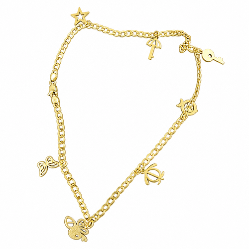 14KT Gold Hollow Curb Anklet with Flat Charms (Umbrella Key, Key, Butterfly, Star, Fish, Penguin, Bee) 3.5mm