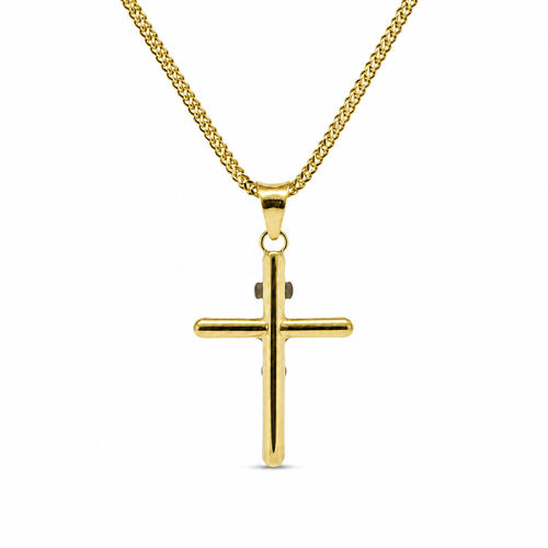 14KT Gold Charm Extra Small Two Tone Hollow Tube Slant Ends Crucifix Cross with Plain Bell