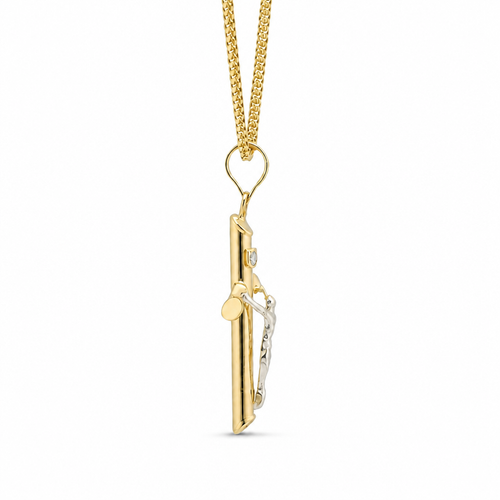 14KT Gold Charm Extra Small Two Tone Hollow Tube Slant Ends Crucifix Cross with Plain Bell