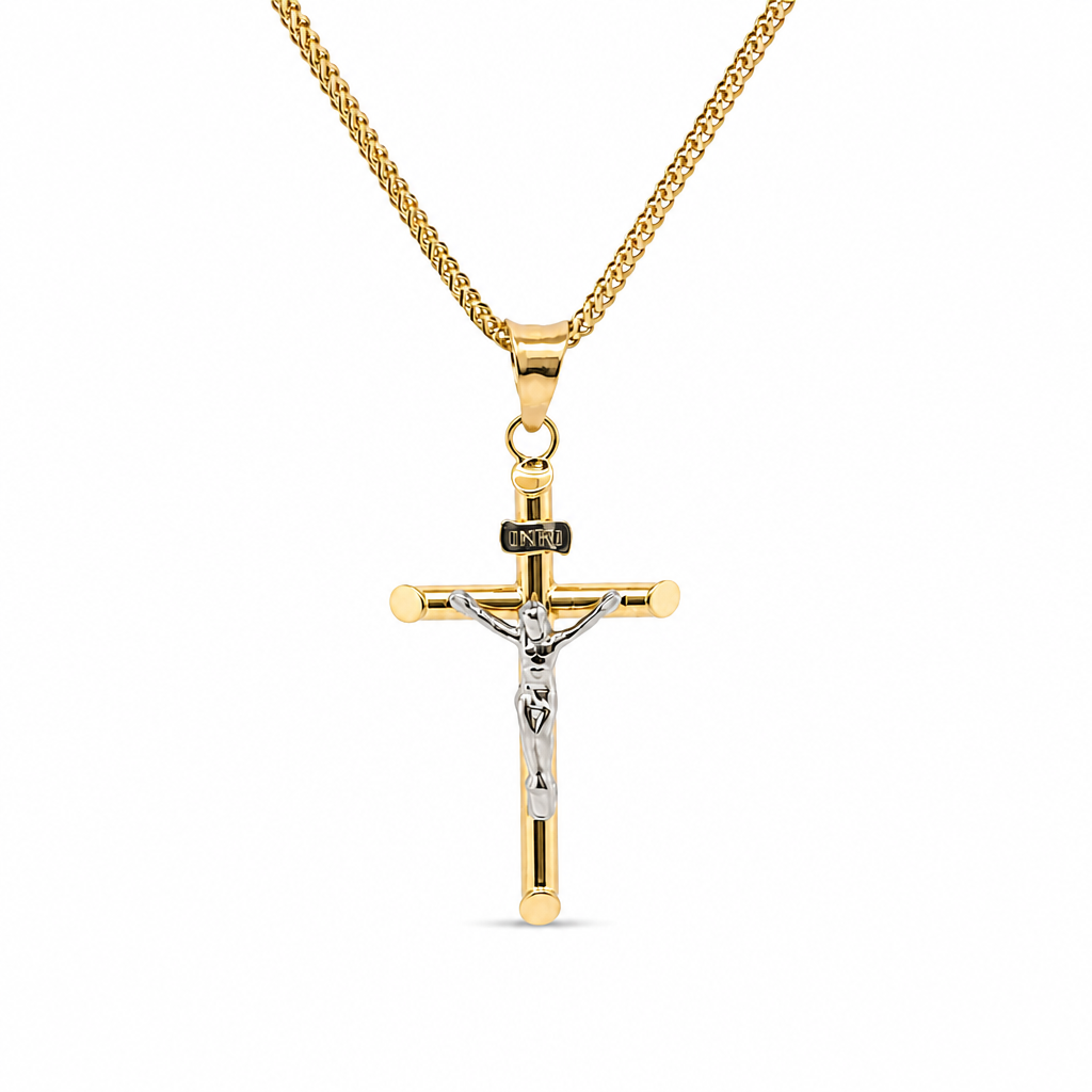 14KT Gold Charm Extra Small Two Tone Hollow Tube Slant Ends Crucifix Cross with Plain Bell