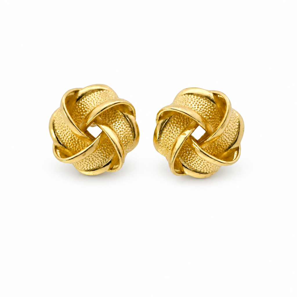 14KT Gold Earrings Medium Flat Four Ribbon Strand Plain Edge Sandblast Knot with Plain Borders, Push Back Post, and Butterfly Backs