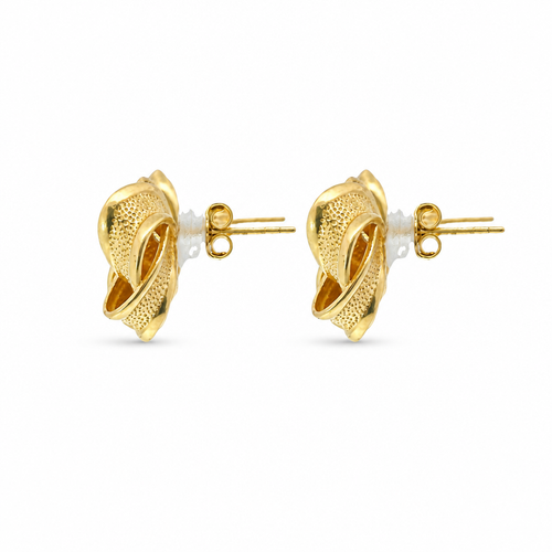 14KT Gold Earrings Medium Flat Four Ribbon Strand Plain Edge Sandblast Knot with Plain Borders, Push Back Post, and Butterfly Backs