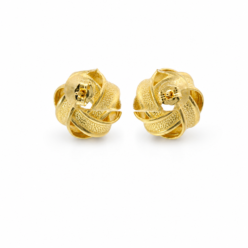 14KT Gold Earrings Medium Flat Four Ribbon Strand Plain Edge Sandblast Knot with Plain Borders, Push Back Post, and Butterfly Backs