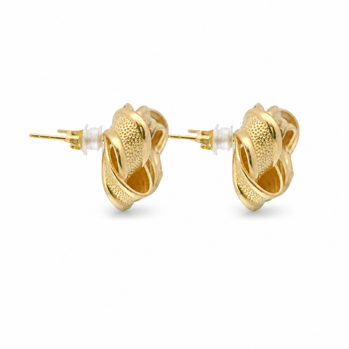 14KT Gold Earrings Medium Flat Four Ribbon Strand Plain Edge Sandblast Knot with Plain Borders, Push Back Post, and Butterfly Backs