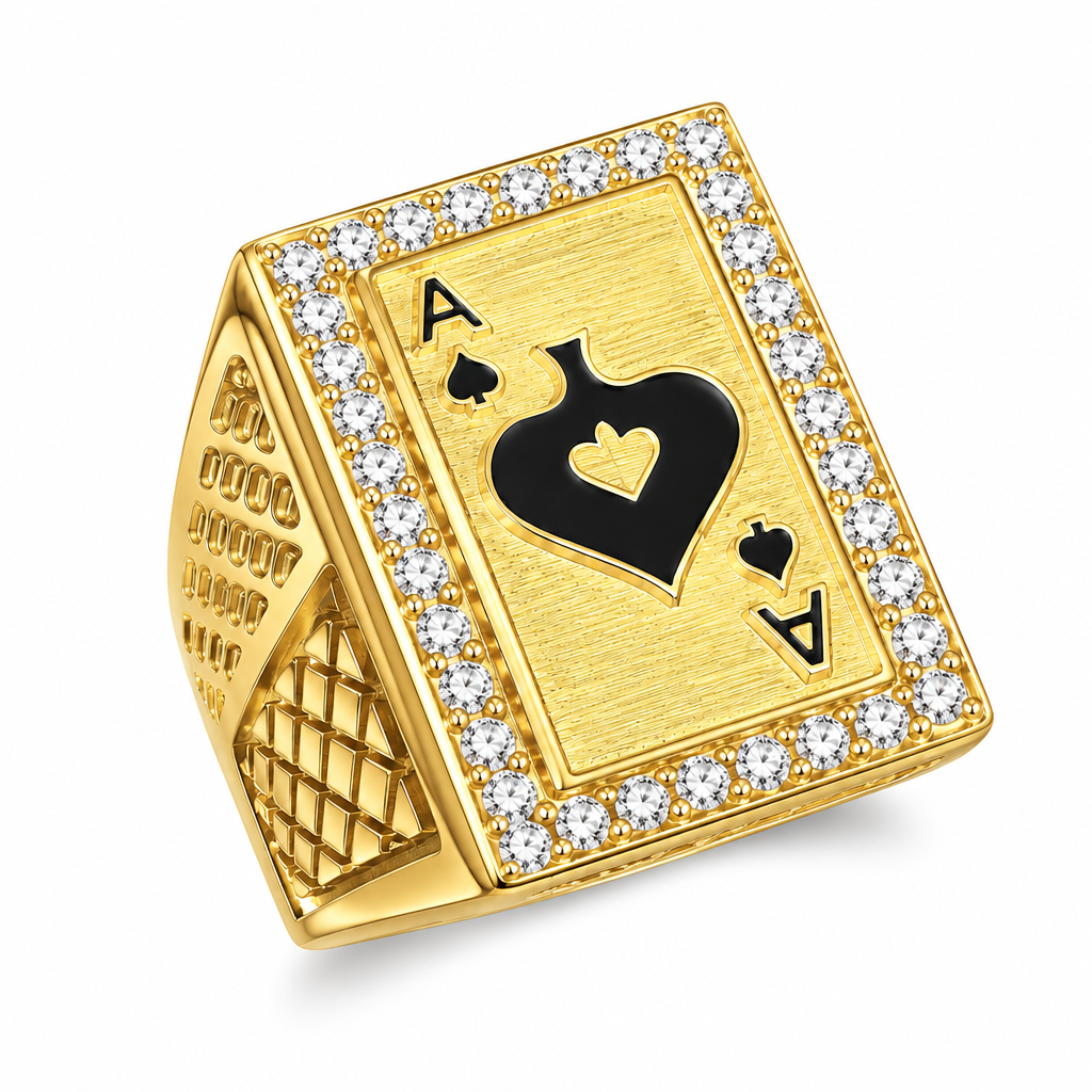 14KT Gold Ring Men's Jumbo Rectangle Ace of Spade Center with White CZ Stones Border and Lattice Band