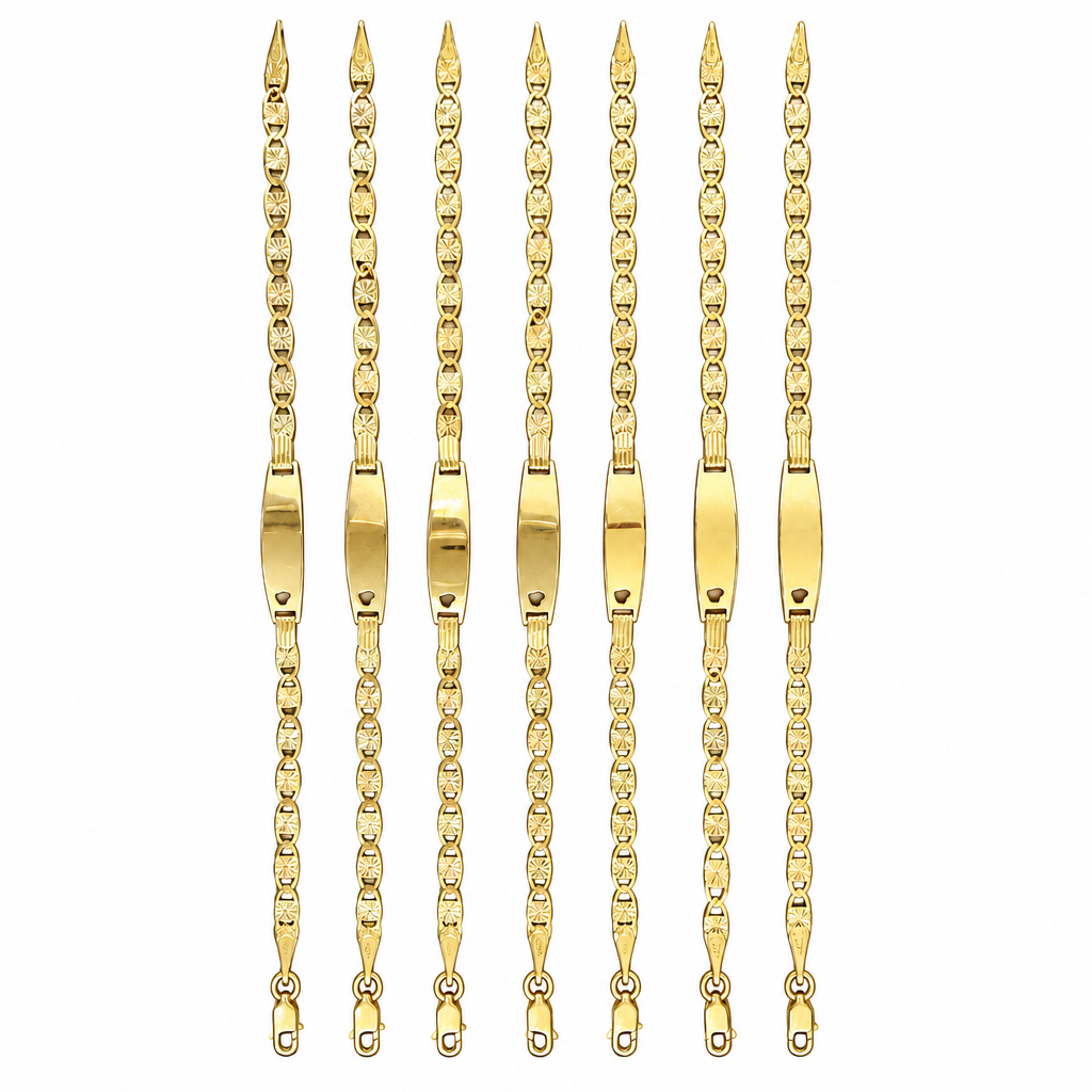14KT Gold Bracelet Solid Tri Tone Square Valentino with Plain Edge, Name Plate with Heart Cutout,  and Lobster Clasp 3.5mm