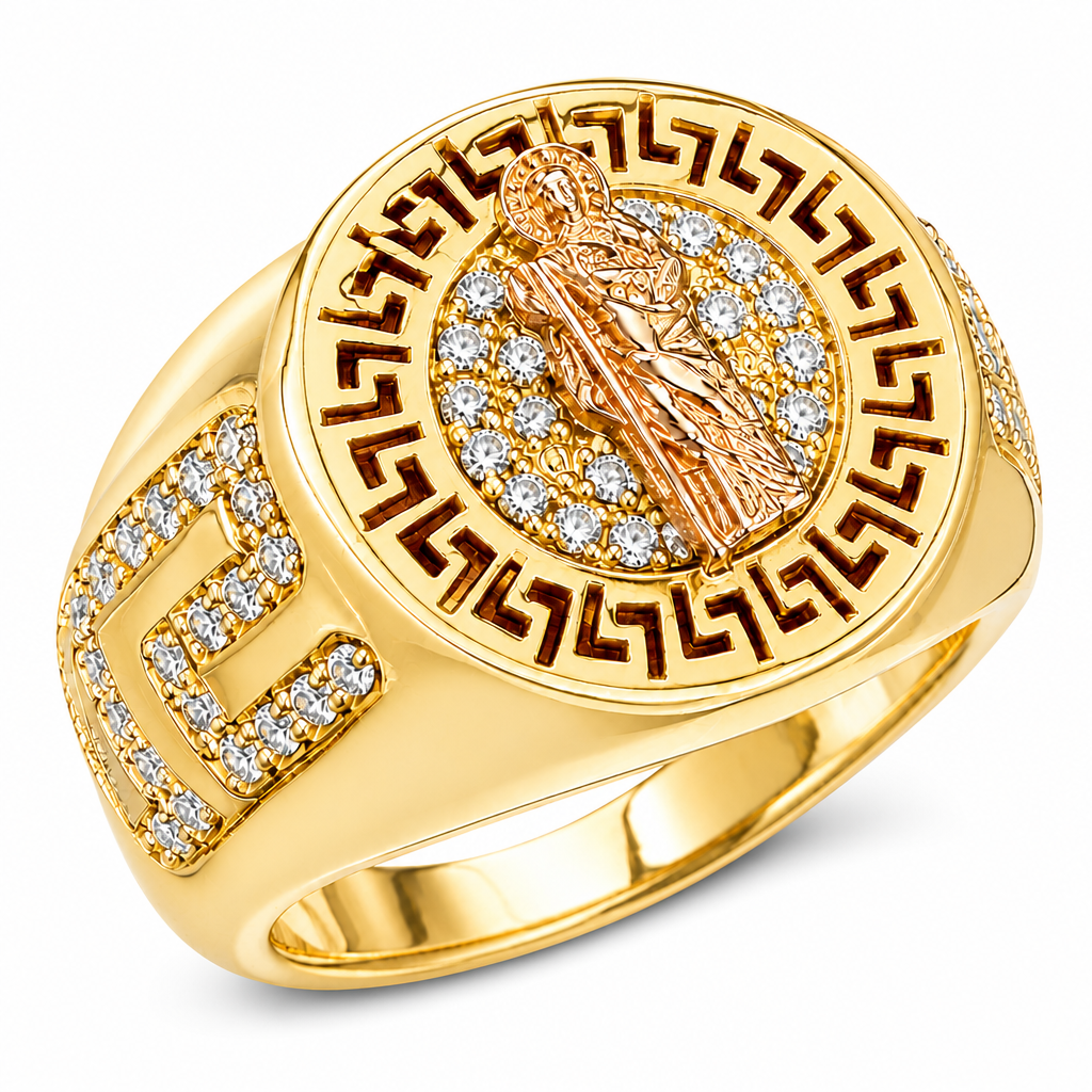 14KT Gold Ring Men's Round Raised Two Tone St Jude Center with White CZ Stones Background and Greek Cutout Border, Side Design is White CZ Stones Greek Print Band