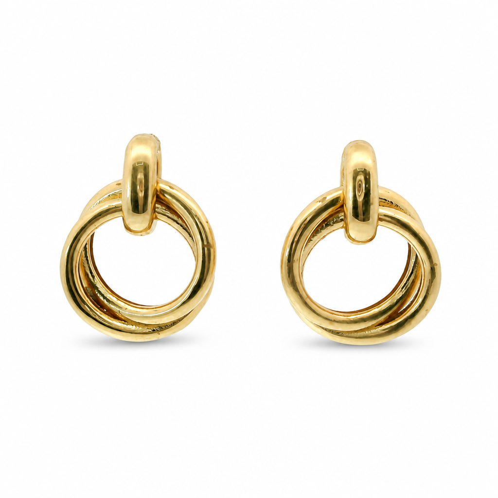 14KT Gold Earrings Medium Round Two Strand Open Center Dangling Interlocking Plain Rings with Plain Bar, Push Back Post, and Butterfly Backs