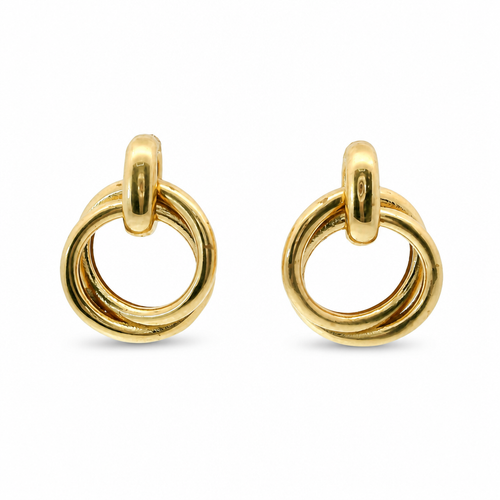 14KT Gold Earrings Medium Round Two Strand Open Center Dangling Interlocking Plain Rings with Plain Bar, Push Back Post, and Butterfly Backs