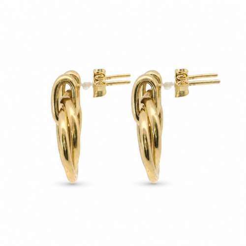 14KT Gold Earrings Medium Round Two Strand Open Center Dangling Interlocking Plain Rings with Plain Bar, Push Back Post, and Butterfly Backs