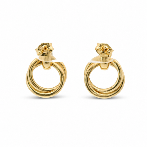 14KT Gold Earrings Medium Round Two Strand Open Center Dangling Interlocking Plain Rings with Plain Bar, Push Back Post, and Butterfly Backs