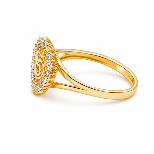 14KT Gold Ring Women's "15" Quinceanera Heart Center Double Row of Round White CZ Stones Border and Plain Shank