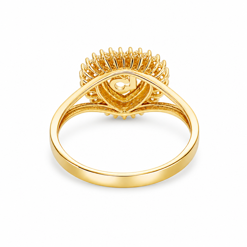 14KT Gold Ring Women's "15" Quinceanera Heart Center Double Row of Round White CZ Stones Border and Plain Shank