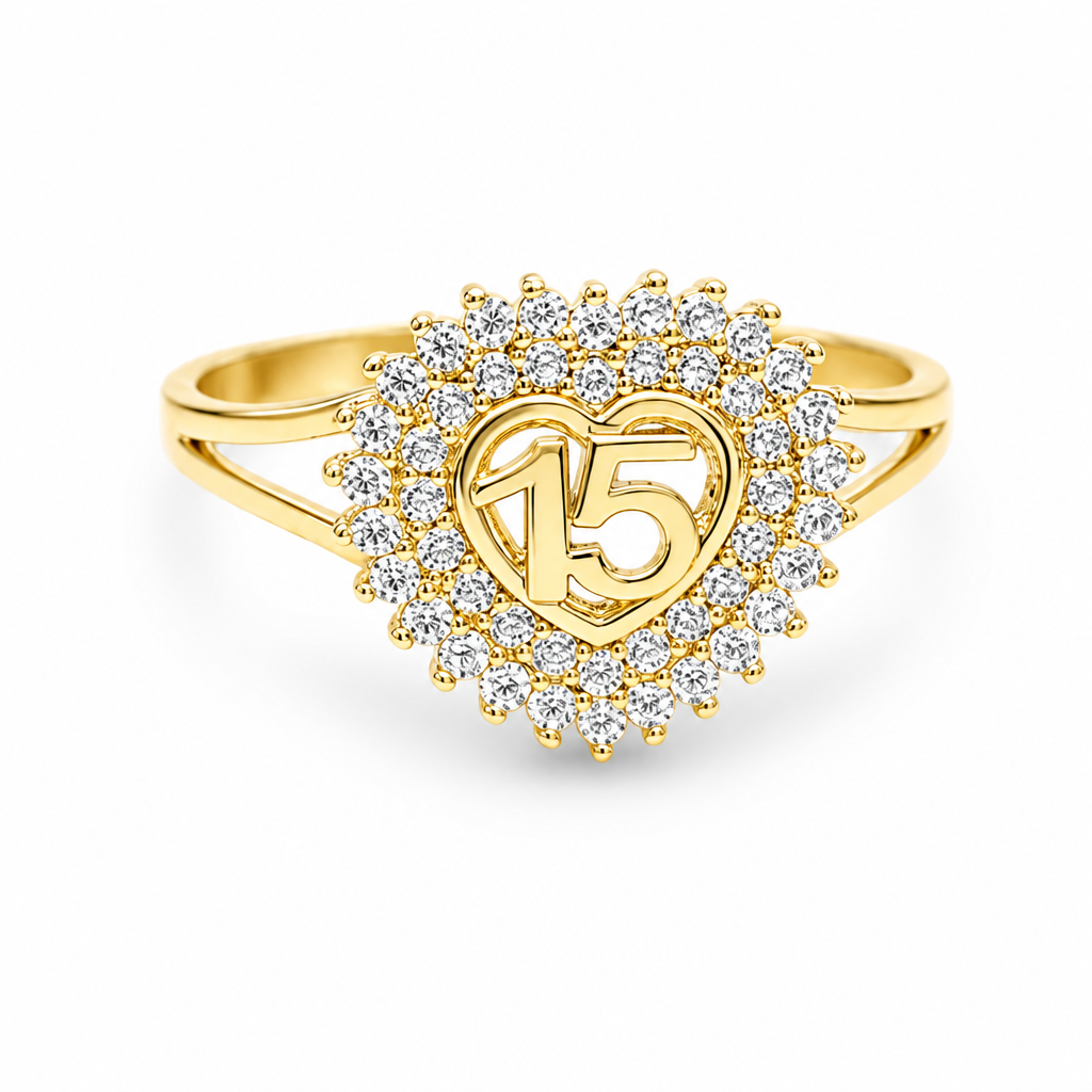 14KT Gold Ring Women's "15" Quinceanera Heart Center Double Row of Round White CZ Stones Border and Plain Shank