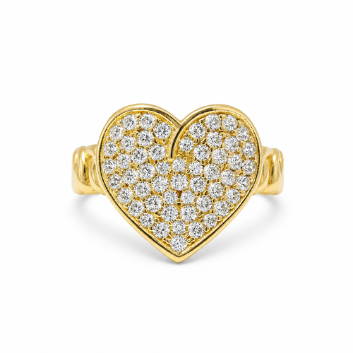 14KT Gold Ring Women's Cluster Curved White CZ Stones Heart Center with Overlapping Plain Borders and Chino Link Band
