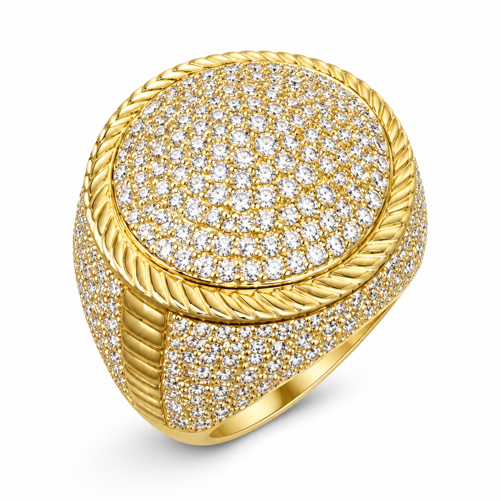 14KT Gold Ring Men's Round Domed Cluster Ring with Rope Border, White CZ Stones Edges with Plain Ladder Center White CZ Stones Band
