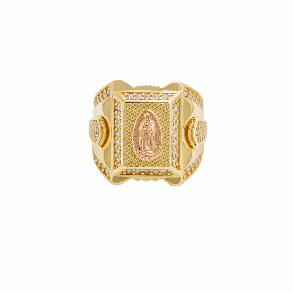 14KT Gold Ring Men's Two Tone Square Praying Virgin Mary Plain Border with White CZ Top/Side Stones