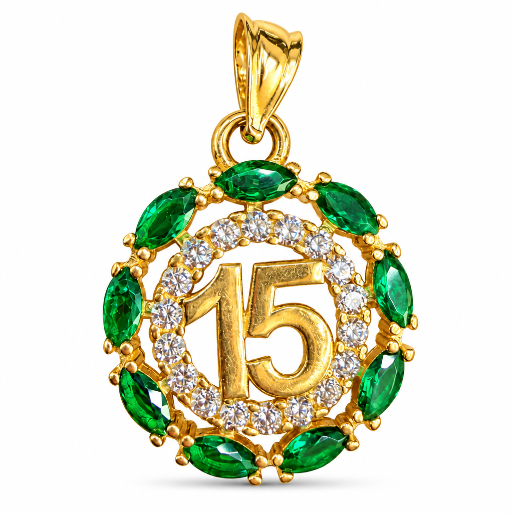 14KT Gold Charm Medium Round Quinceanera "15" Center with White CZ Stones Outline and Dark Green Marquise Border and Plain Bell