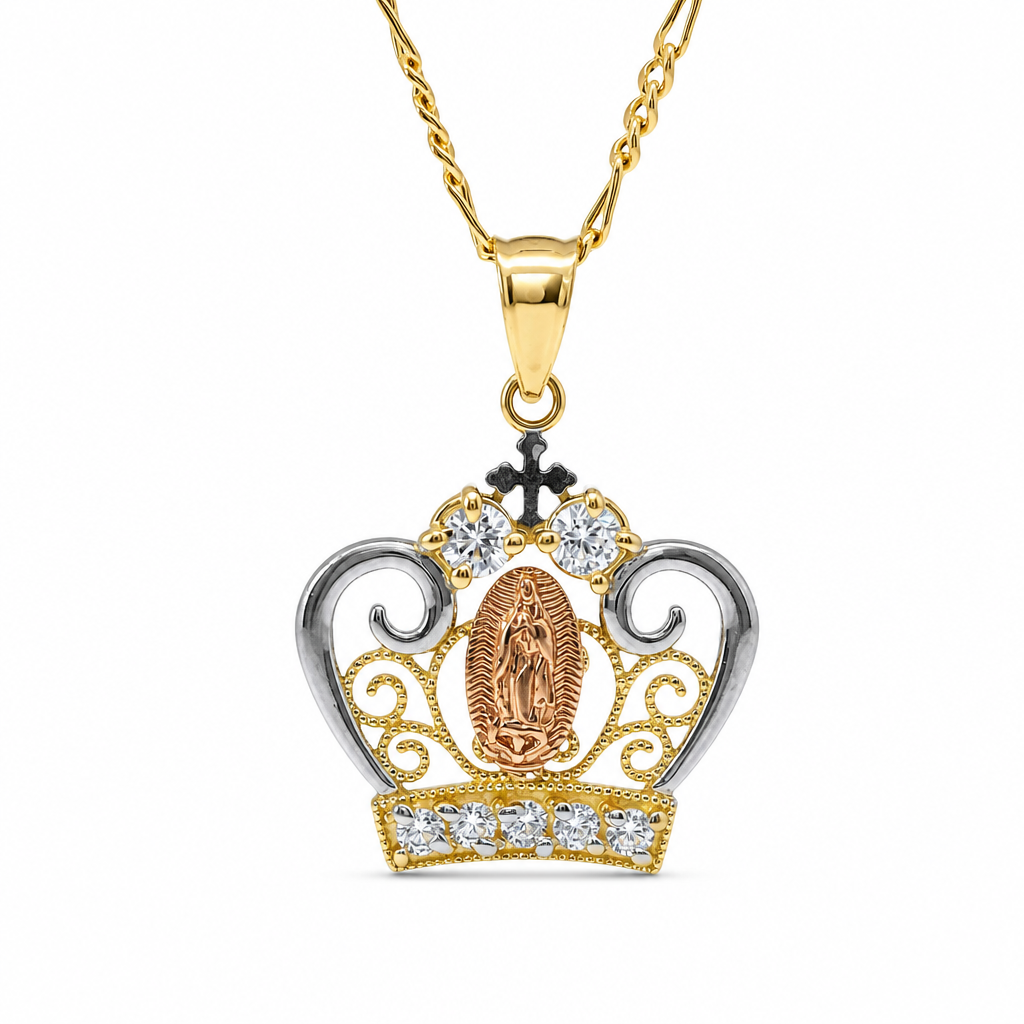 14KT Gold Charm Women's Tri Tone Virgin Mary Tiara with Two White CZ Top Stones and Five White CZ Stones Tiara Band with Plain Split Band