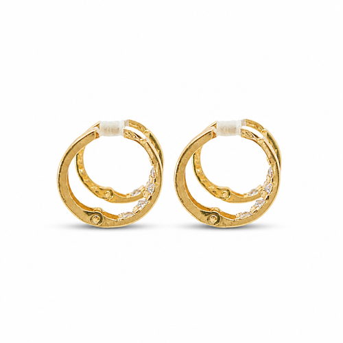 14KT Gold Earring Small White CZ Stones Single Row Hoops with Two Tone Diamond Cut Leaf Print Back Huggie