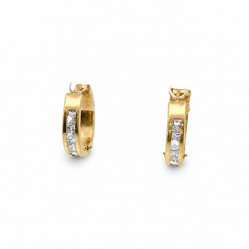 14KT Gold Earring Small White CZ Stones Single Row Hoops with Two Tone Diamond Cut Leaf Print Back Huggie