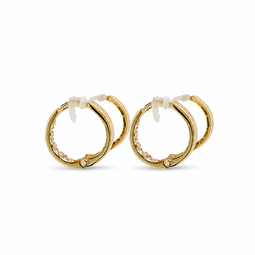 14KT Gold Earring Small White CZ Stones Single Row Hoops with Two Tone Diamond Cut Leaf Print Back Huggie