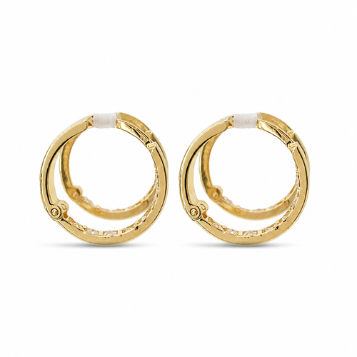 14KT Gold Earring Small White CZ Stones Single Row Hoops with Two Tone Diamond Cut Leaf Print Back Huggie