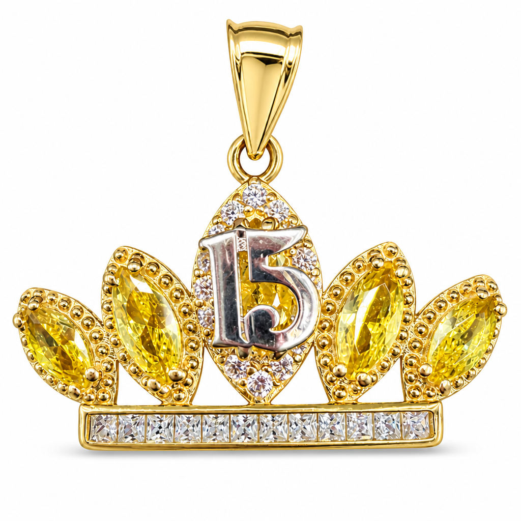14KT Gold Charm Jumbo Two Tone Quincenaera "15" Center Dark Yellow Marquise Crown with White CZ Round Stones Band and Plain Bell