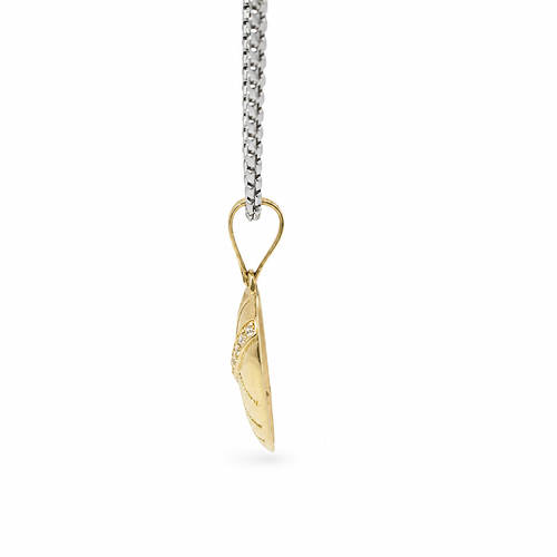 14KT Gold Charm Medium Plain Open Stripe Heart with White CZ Stones Sash and Plain Bell