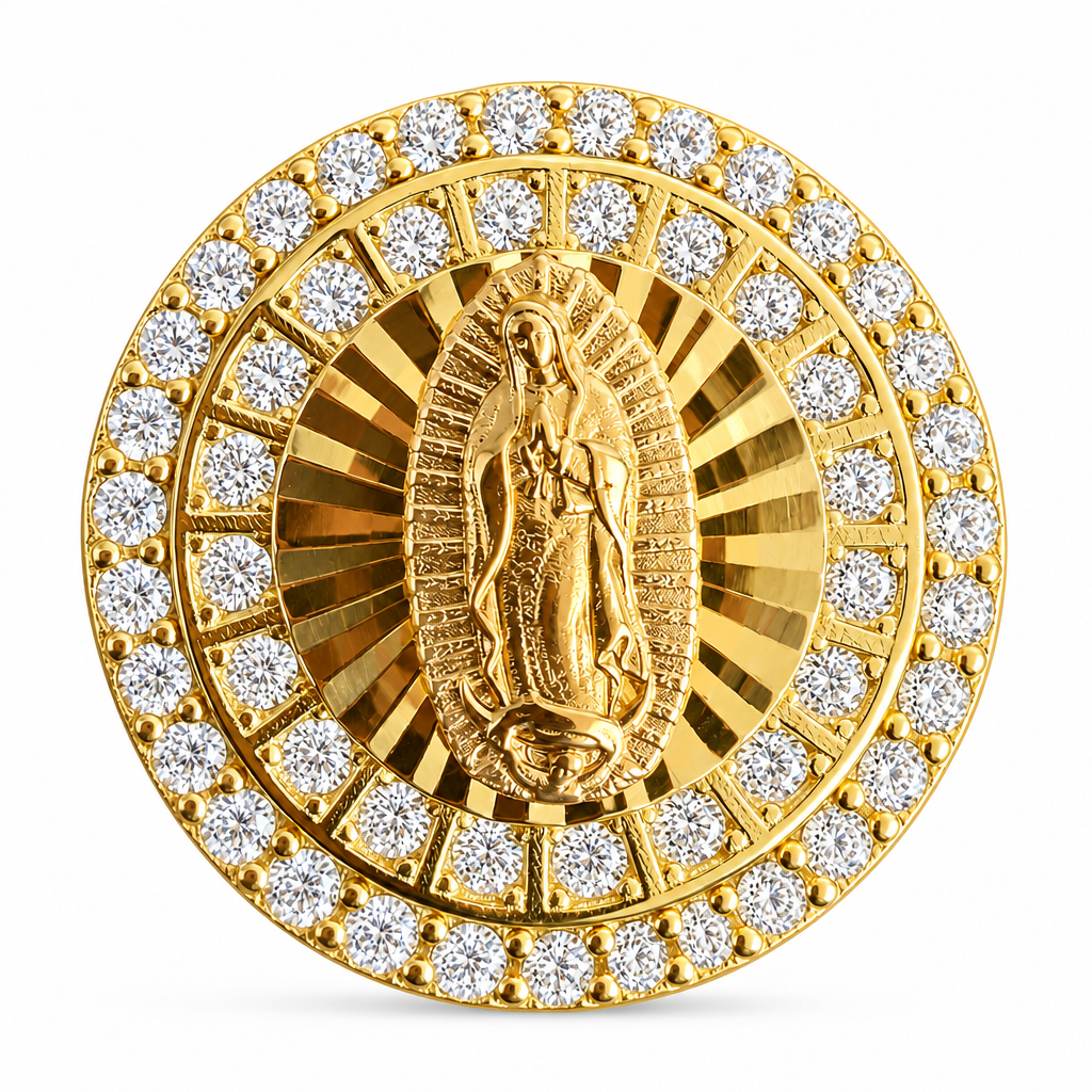 14KT Gold Ring Men's Two Tone Round Raised Virgin Mary Center with Sunray Background, Double Row White CZ Stones Border with Etched Stripe Band