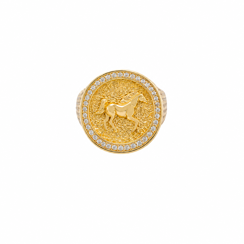 14KT Gold Ring Men's Round Raised Full Horse Coin Design with Single Row White CZ Stone Border Band Design 8 Rows of Pave White CZ White Stones