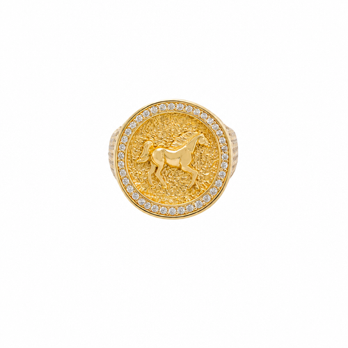 14KT Gold Ring Men's Round Raised Full Horse Coin Design with Single Row White CZ Stone Border Band Design 8 Rows of Pave White CZ White Stones