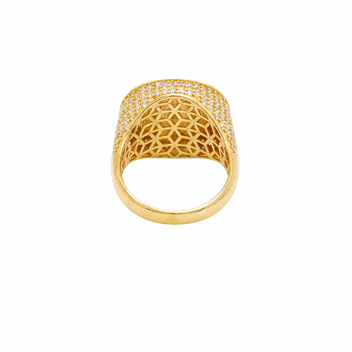 14KT Gold Ring Men's Round Raised Full Horse Coin Design with Single Row White CZ Stone Border Band Design 8 Rows of Pave White CZ White Stones