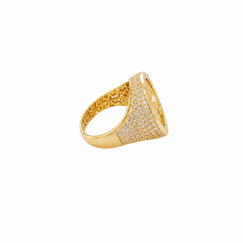 14KT Gold Ring Men's Round Raised Full Horse Coin Design with Single Row White CZ Stone Border Band Design 8 Rows of Pave White CZ White Stones