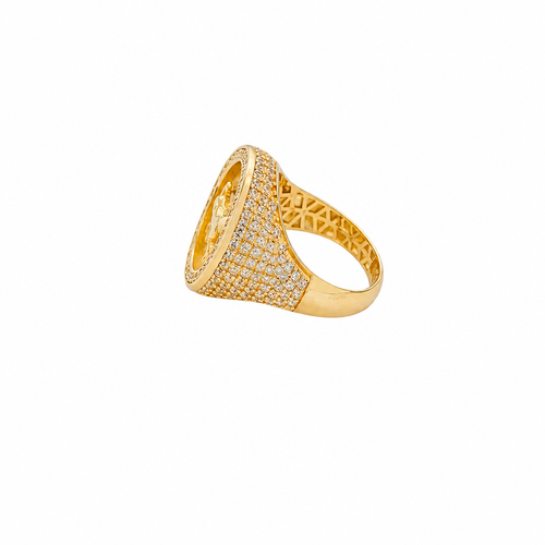14KT Gold Ring Men's Round Raised Full Horse Coin Design with Single Row White CZ Stone Border Band Design 8 Rows of Pave White CZ White Stones