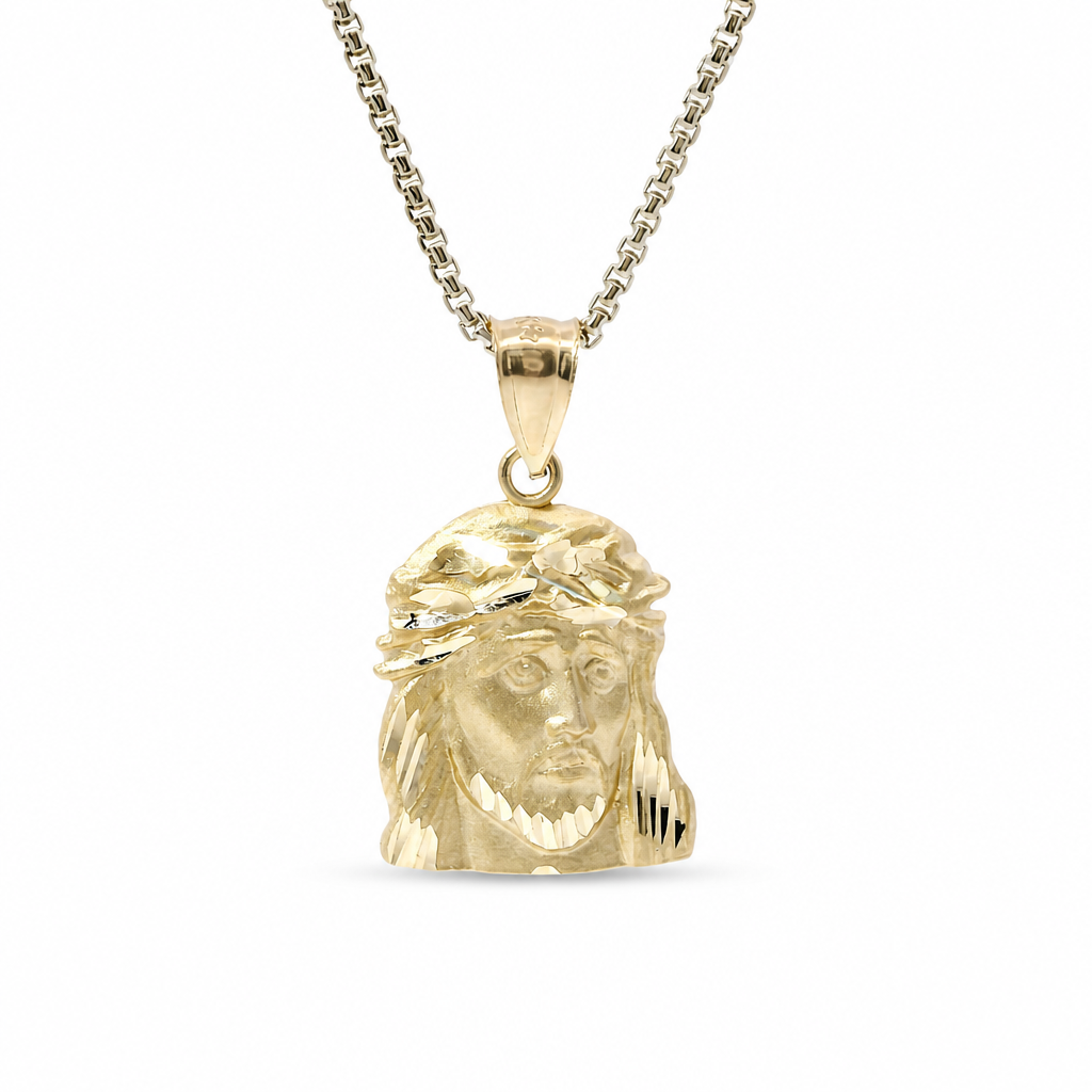 14KT Gold Charm Medium Diamond Cut Right Facing Jesus Head with Thorn Crown and Plain Bell