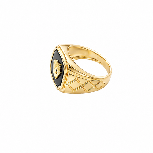 14KT Gold Ring Men's Onyx Square with Playing Cards Center Side Design Triple Stack Rhombus