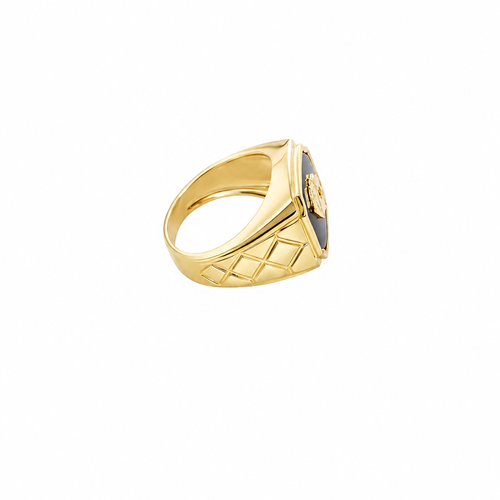 14KT Gold Ring Men's Onyx Square with Playing Cards Center Side Design Triple Stack Rhombus
