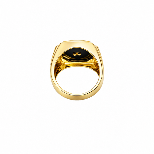 14KT Gold Ring Men's Onyx Square with Playing Cards Center Side Design Triple Stack Rhombus