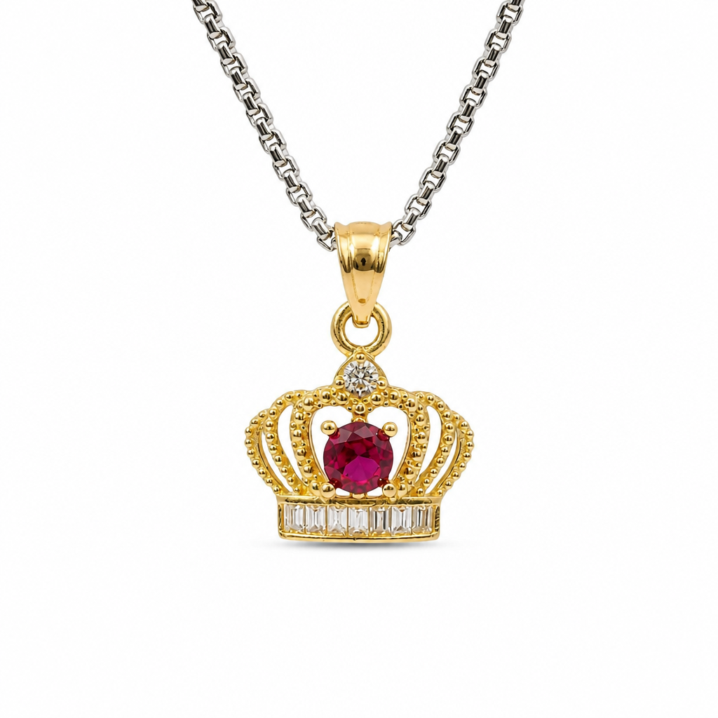 14KT Gold Charm Mini Open Crown Magenta Pink Round CZ Stone Center White Baguette CZ Stones Band and Plain Bell