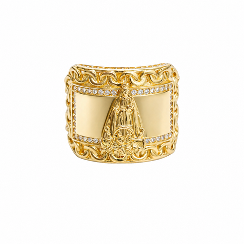 14KT Gold Ring Men's Curved Rectangle Caridad Cobre with White CZ Stones Border Chino Link Frame and Band
