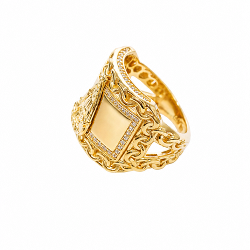 14KT Gold Ring Men's Curved Rectangle Caridad Cobre with White CZ Stones Border Chino Link Frame and Band