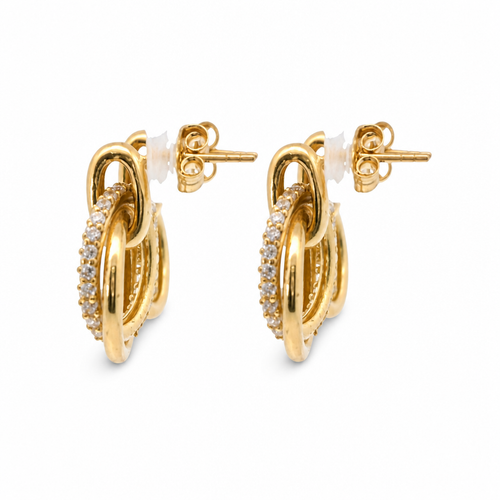 14KT Gold Earrings Medium Round Two Strand Open Center Dangling Interlocking White CZ Stones Rings with Plain Bar, Push Back Post, and Butterfly Backs