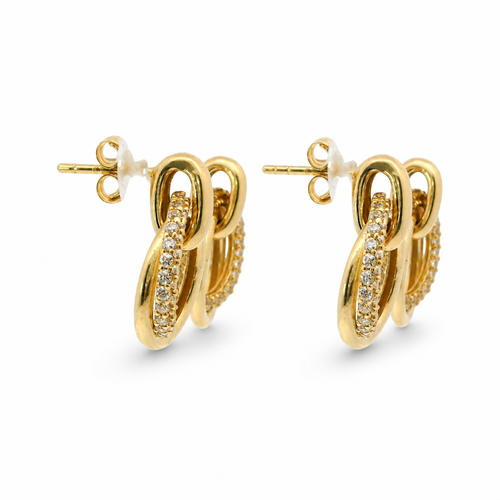 14KT Gold Earrings Medium Round Two Strand Open Center Dangling Interlocking White CZ Stones Rings with Plain Bar, Push Back Post, and Butterfly Backs