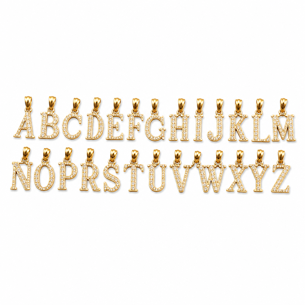 14KT Gold Charm Medium Diamond Cut Letter "E" with Plain Bell