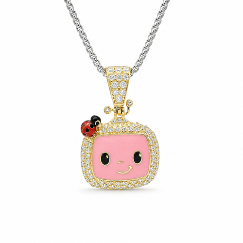 14KT Gold Charm Medium 3D Enamel CoCo Melon Face Flat Back with White CZ Stones Border and Bell