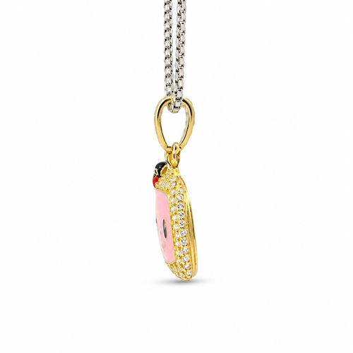 14KT Gold Charm Medium 3D Enamel CoCo Melon Face Flat Back with White CZ Stones Border and Bell