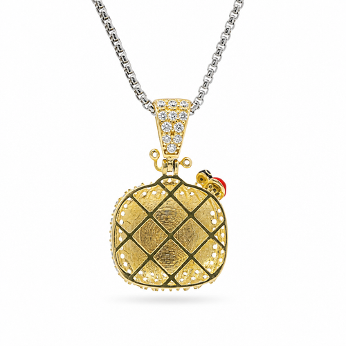 14KT Gold Charm Medium 3D Enamel CoCo Melon Face Flat Back with White CZ Stones Border and Bell