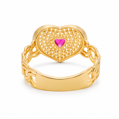 14KT Gold Ring Women's Heart Shape Red Center CZ Stone with White CZ Stone Background and Border Chino Link Band