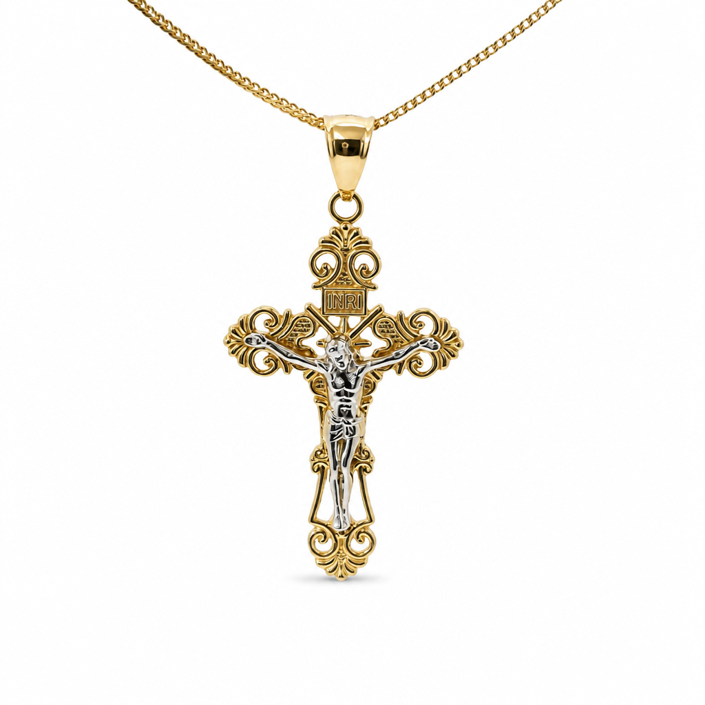 14KT Gold Charm Large Two Tone Ornate Crucifix Cross with Plain Bell